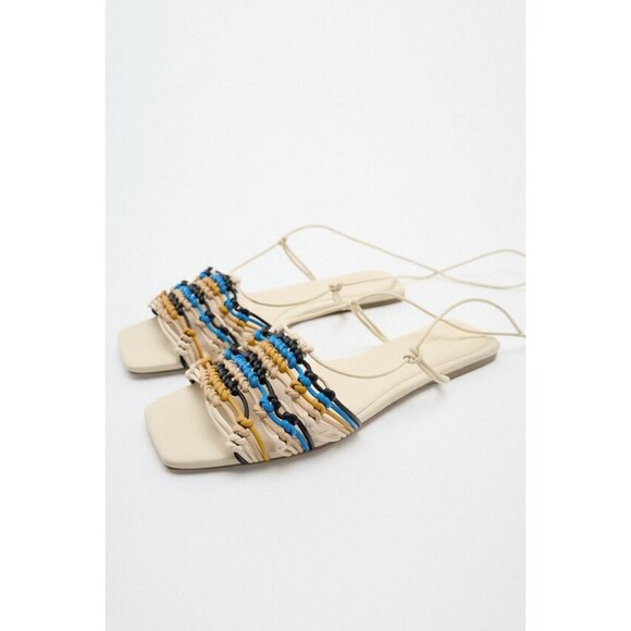 Zara Multicolor Woven Knotted Square Open-Toe Ankle-Wrap Low Heel Sandals (NWT) - Picture 1 of 6